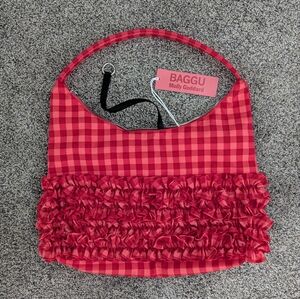 BAGGU Red Gingham Shoulder Bag with Ruffle Front